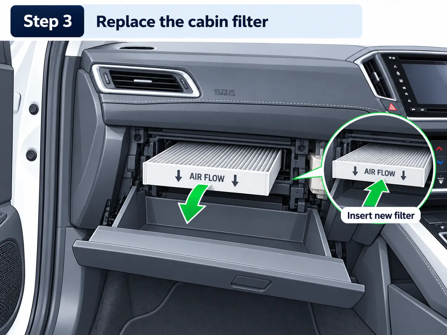 Schematic illustration showing cabin air filter replacement with the AIR FLOW arrow pointing downward.