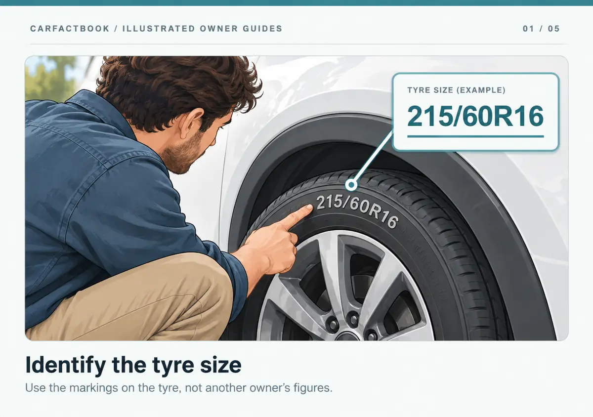 Illustration of a person reading an example 215/60R16 marking on a tyre. Not a photograph of a specific RU3.